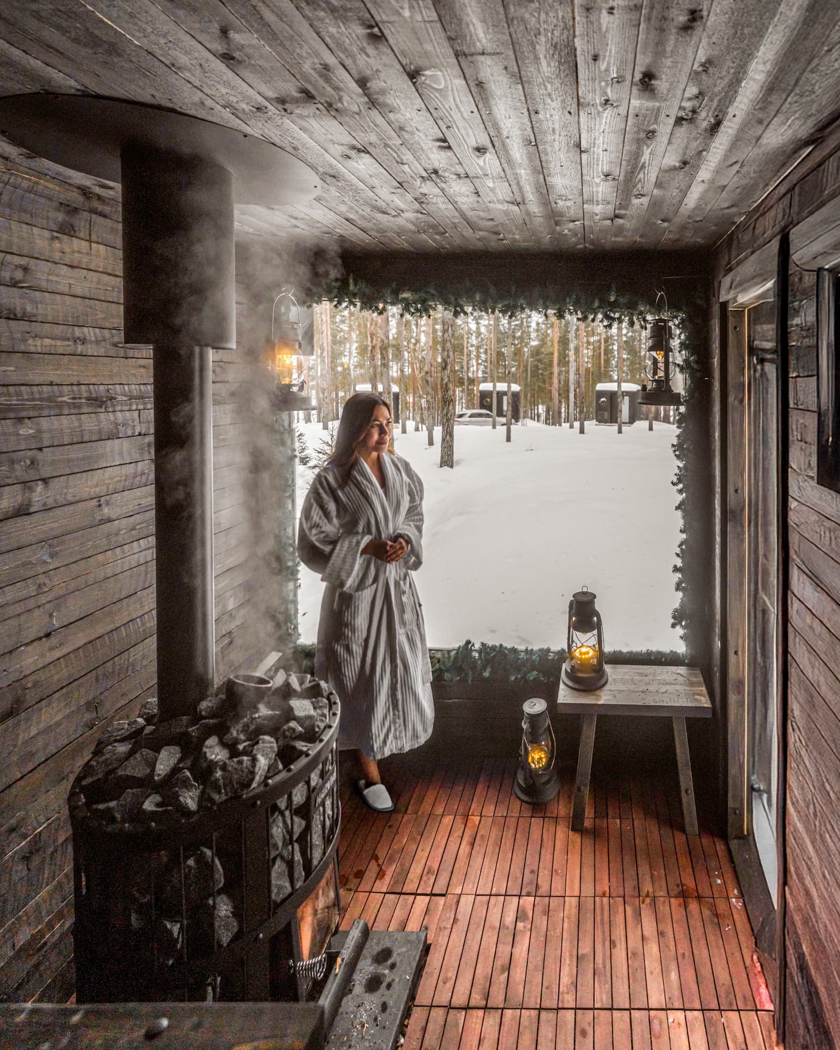 Olo Resort's sauna against the forest